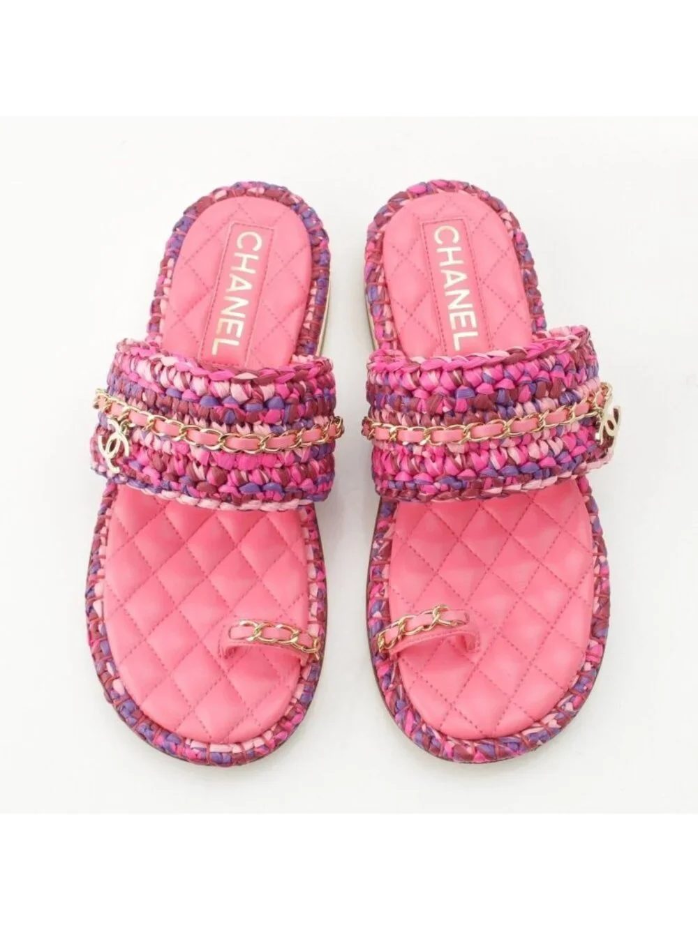Chanel Leather Tweed CC Logo Chain Flat Sandals Pink 37C